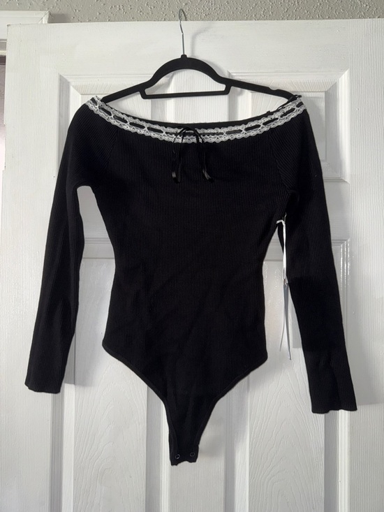 Sweet Rain Tops - Sweet Rain Black Ribbed Bodysuit with White Lace Trim